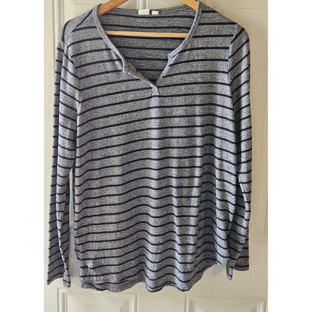 GAP Womens Large Gray Black Striped Knit Top Long Sleeve Split Neck Casual